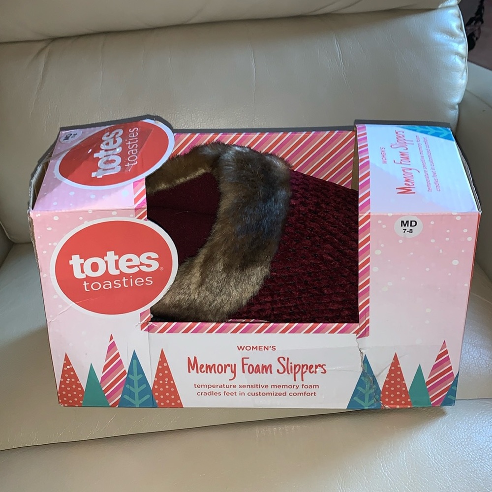 Totes Toasties memory foam Slippers w/ faux fur trim women size medium 7/8 NWB
